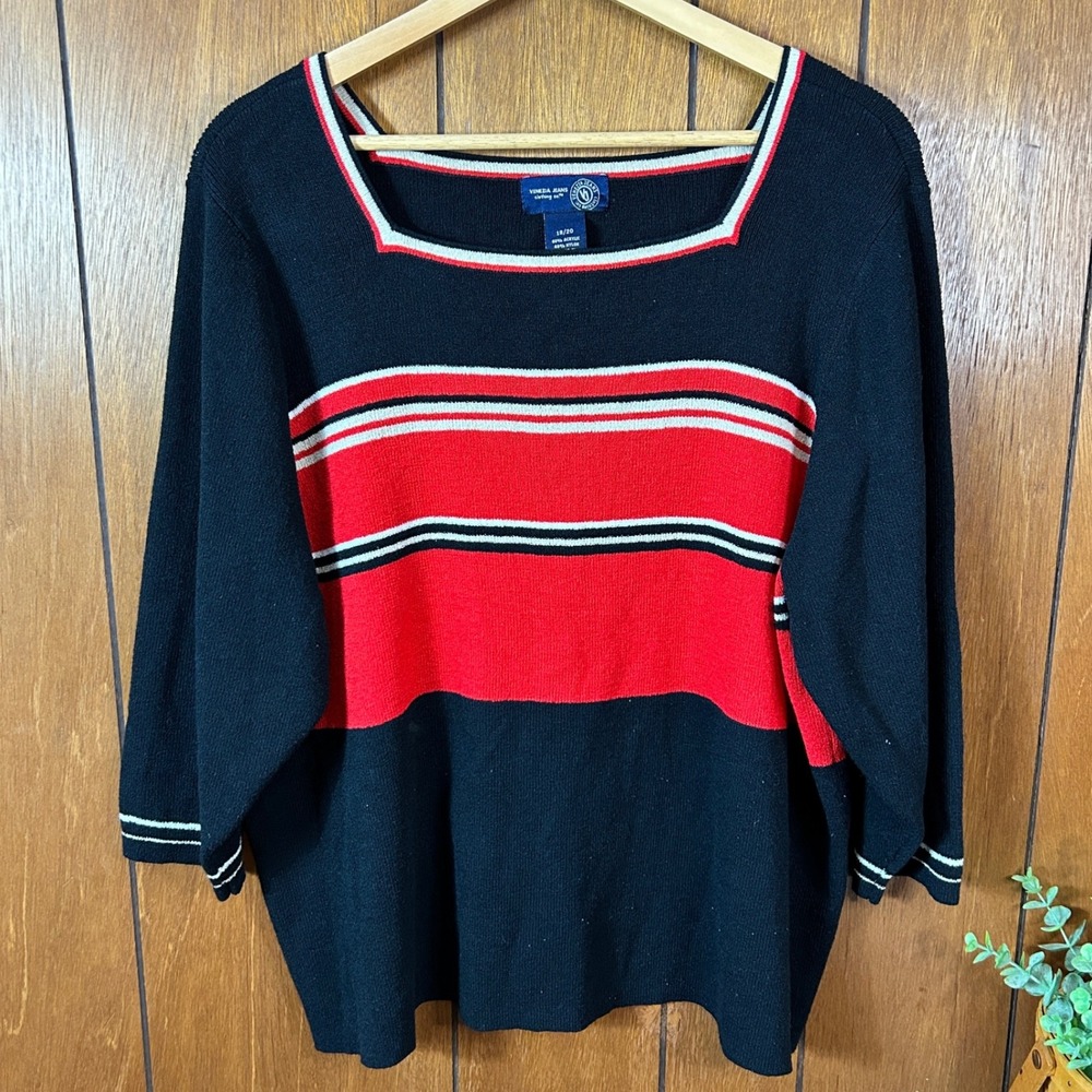 Vintage Venezia Jeans Womens 18 20 Black Red Stripe Square Neck Casual Career‎